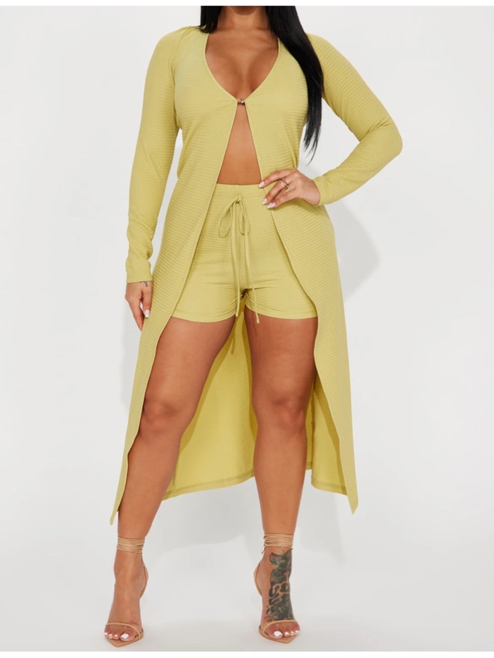 Two-Piece Ribbed Long Cardigan & Shorts Set - Chartreuse